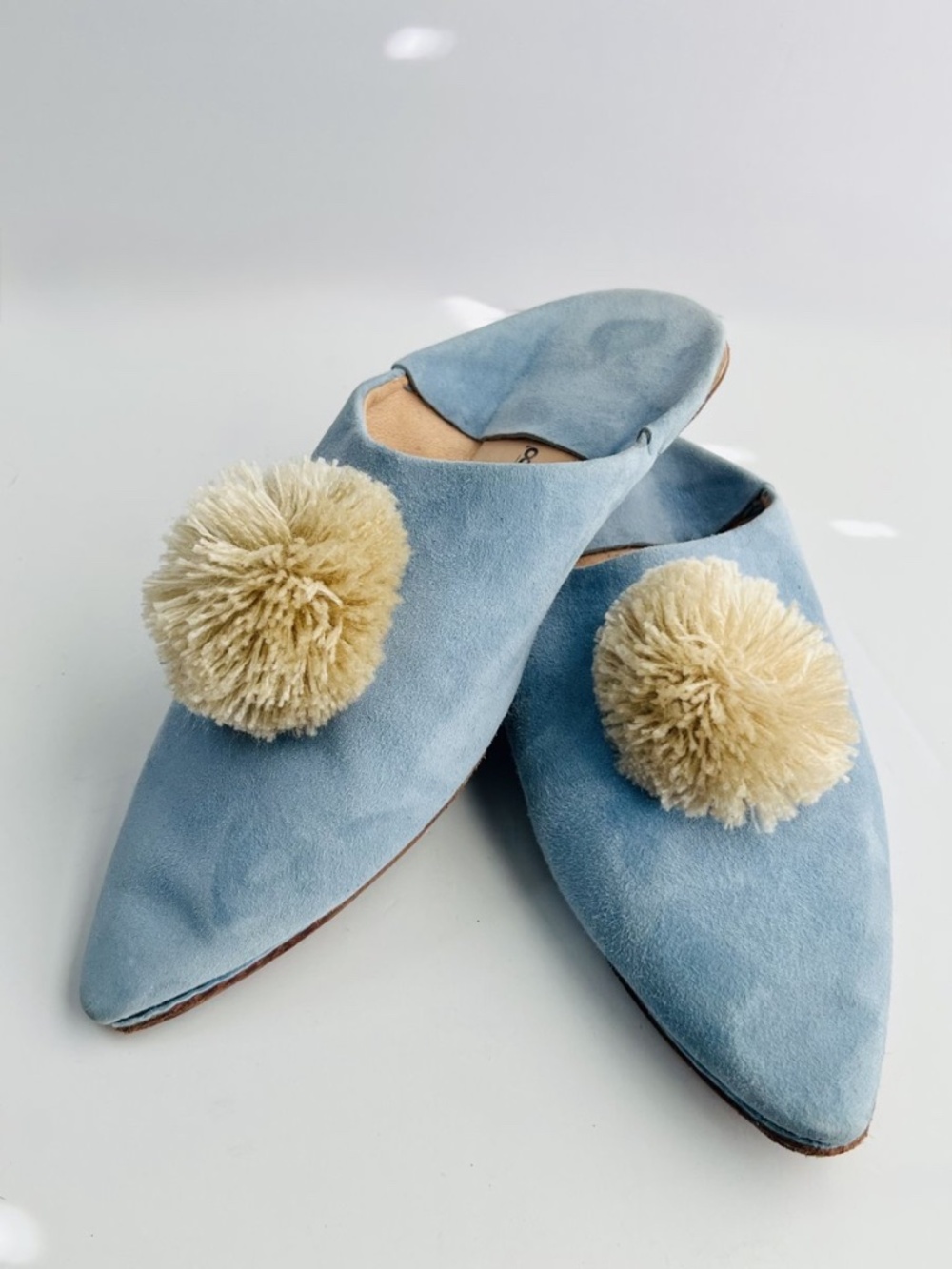 Alexandra Gater Pom'd Moroccan Mule Slippers ~Size 8~ Light Blue with Putty Poms